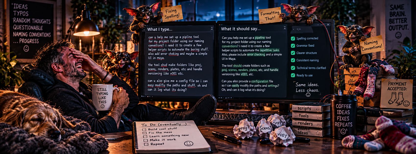 A comic side-by-side — 'What I type…' full of dictation typos next to 'What it should say…' cleaned up; captioned 'Same brain. Better output.'